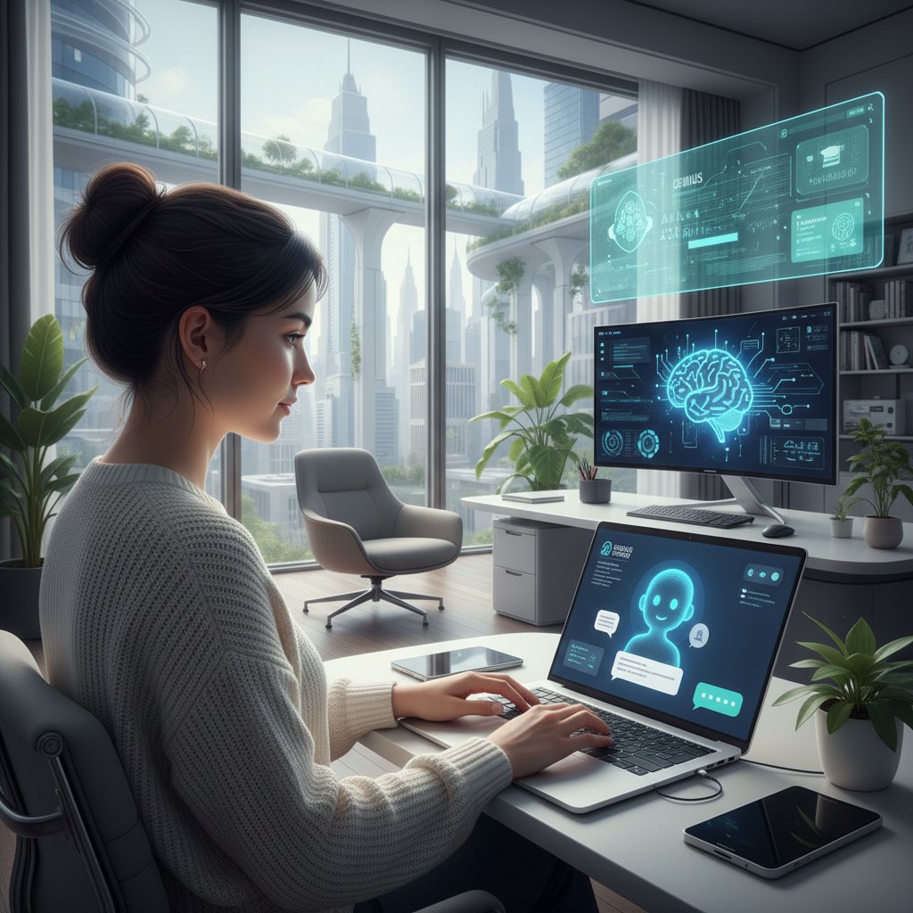 Nowoczesna platforma edukacyjna z AI, młoda kobieta prowadzi konwersację online przez laptopa, słuchawki, cyfrowe powiadomienia