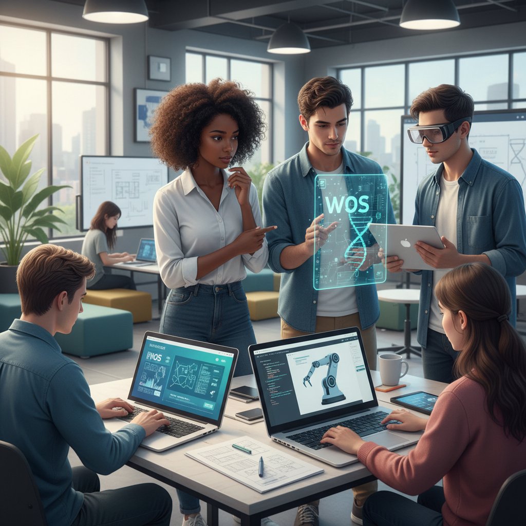 Nowoczesna platforma edukacyjna do WOS, ekran laptopa z różnorodnymi zadaniami, uczeń analizuje