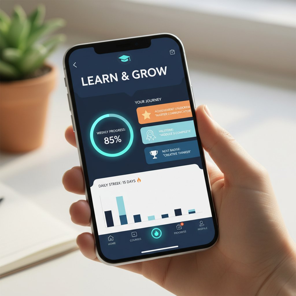 Nowoczesny interfejs aplikacji edukacyjnej AI widziany na ekranie smartfona, symbole postępu i osiągnięć