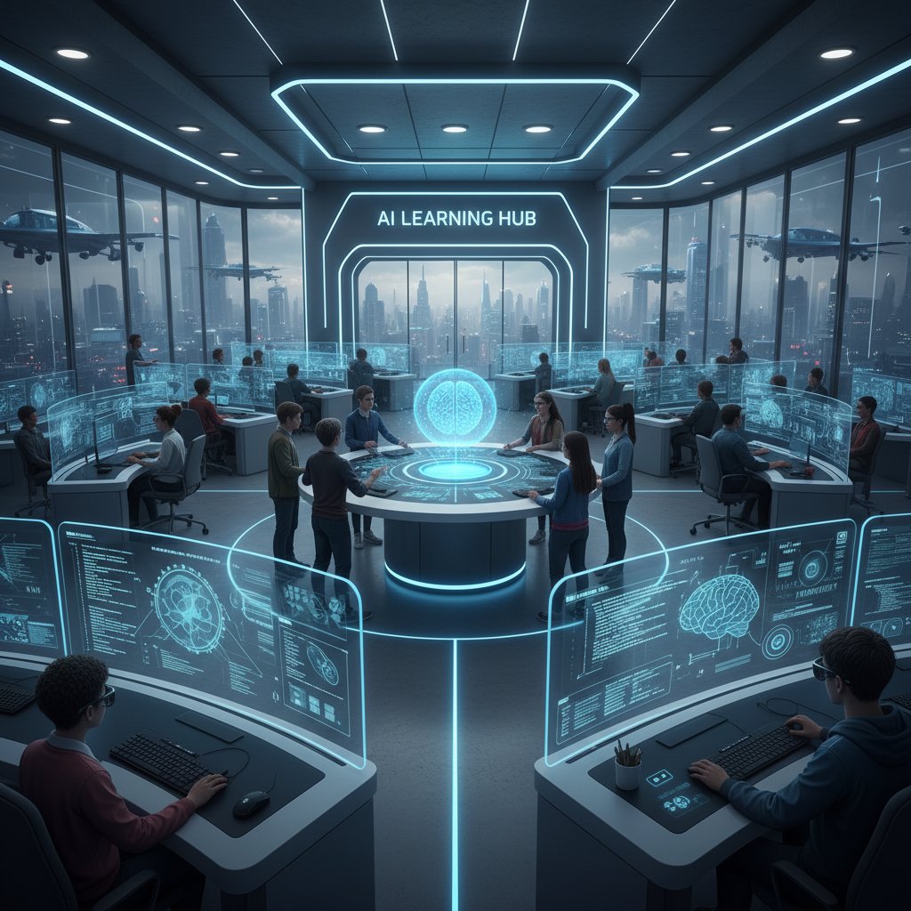 Nowoczesne laboratorium edukacyjne z komputerami, uczeń korzysta z AI do nauki informatyki