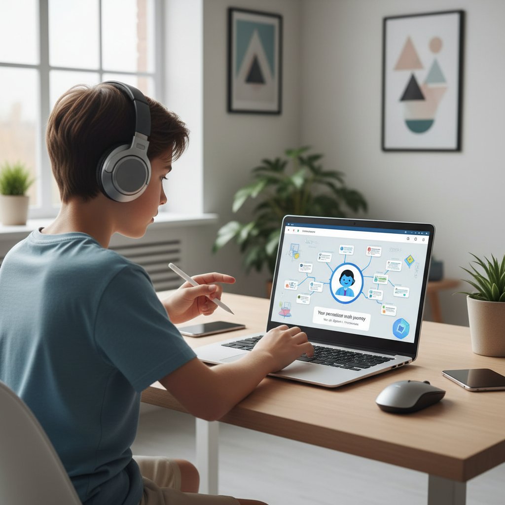 Nowoczesna platforma edukacyjna z personalizowaną lekcją algebry, ekran laptopa, uczeń w słuchawkach