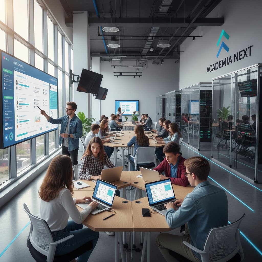 Nowoczesny edukacyjny startup: uczniowie i nauczyciele przy komputerach, otoczeni ekranami z testami