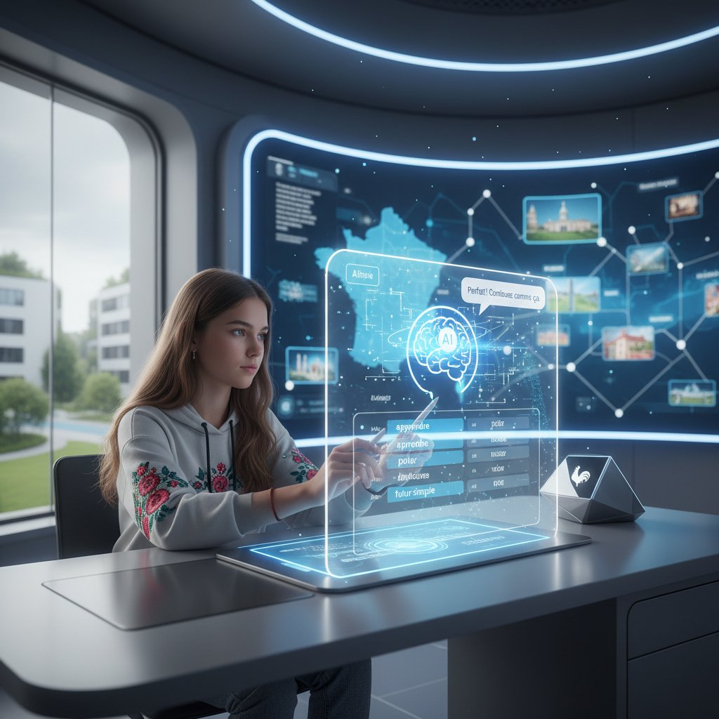 Nowoczesna technologia edukacyjna, polska uczennica korzysta z AI do nauki francuskiego