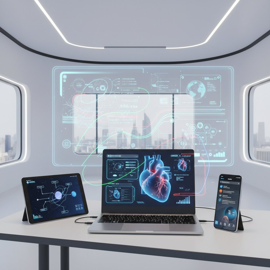 Nowoczesne narzędzia edukacyjne: laptop, tablet oraz smartfon z wyświetlonymi interaktywnymi schematami