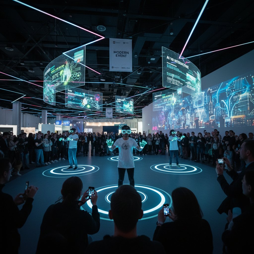 Nowoczesny event z użyciem AI, VR i interaktywnych instalacji, różnorodna publiczność, intensywna atmosfera innowacji