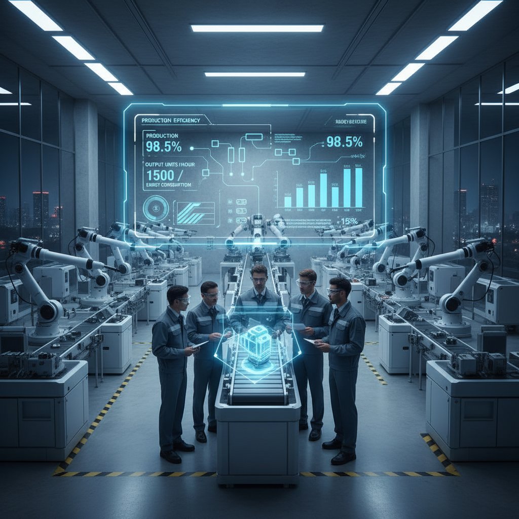 Nowoczesna hala produkcyjna z cyfrowymi panelami sterującymi i zespołem inżynierów