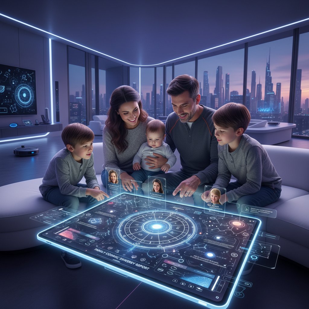 Nowoczesna rodzina korzystająca z aplikacji astrologicznej, horoskop rodzinny online