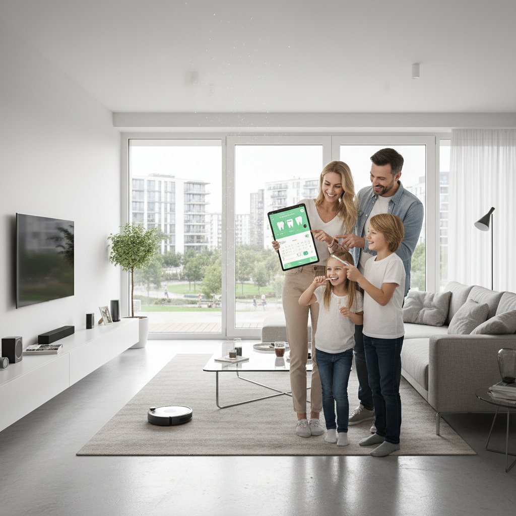 Nowoczesna rodzina korzystająca z aplikacji do higieny jamy ustnej, uśmiechy, dom, technologia, Polska