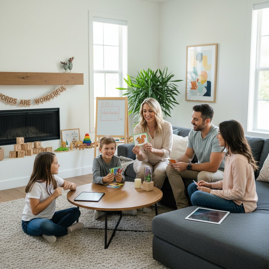 Nowoczesna rodzina planująca sesje logopedyczne online, motywująca scena domowa