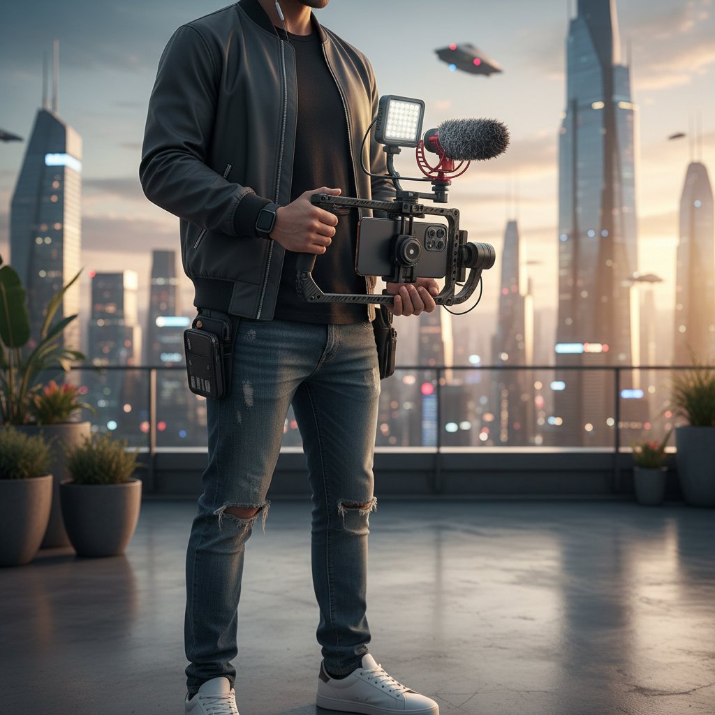 Modern filmmaker using smartphone and compact gear, demonstrating high-quality guerrilla production
