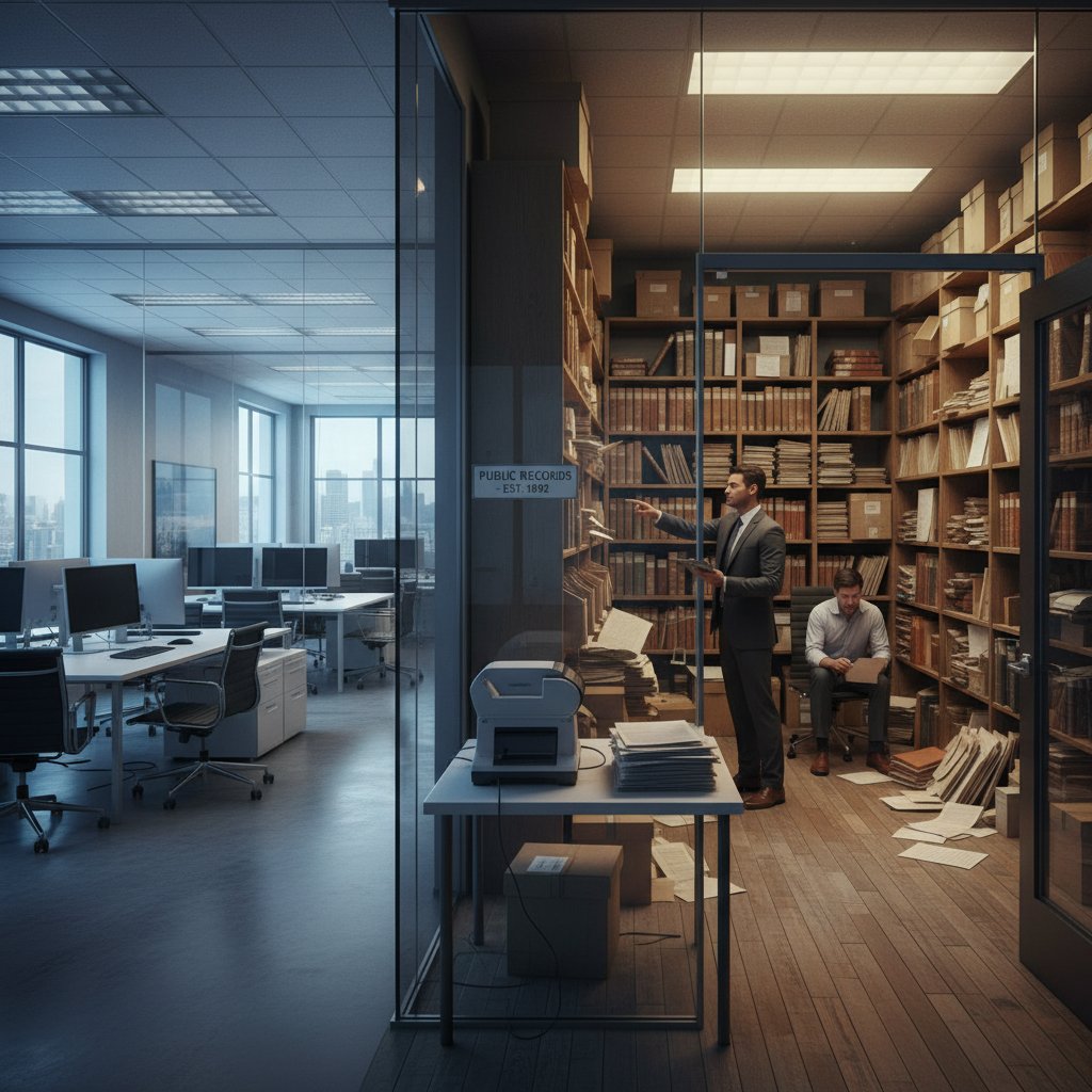 Contrasting images of modern finance office and old public records room, representing the document digitization gap