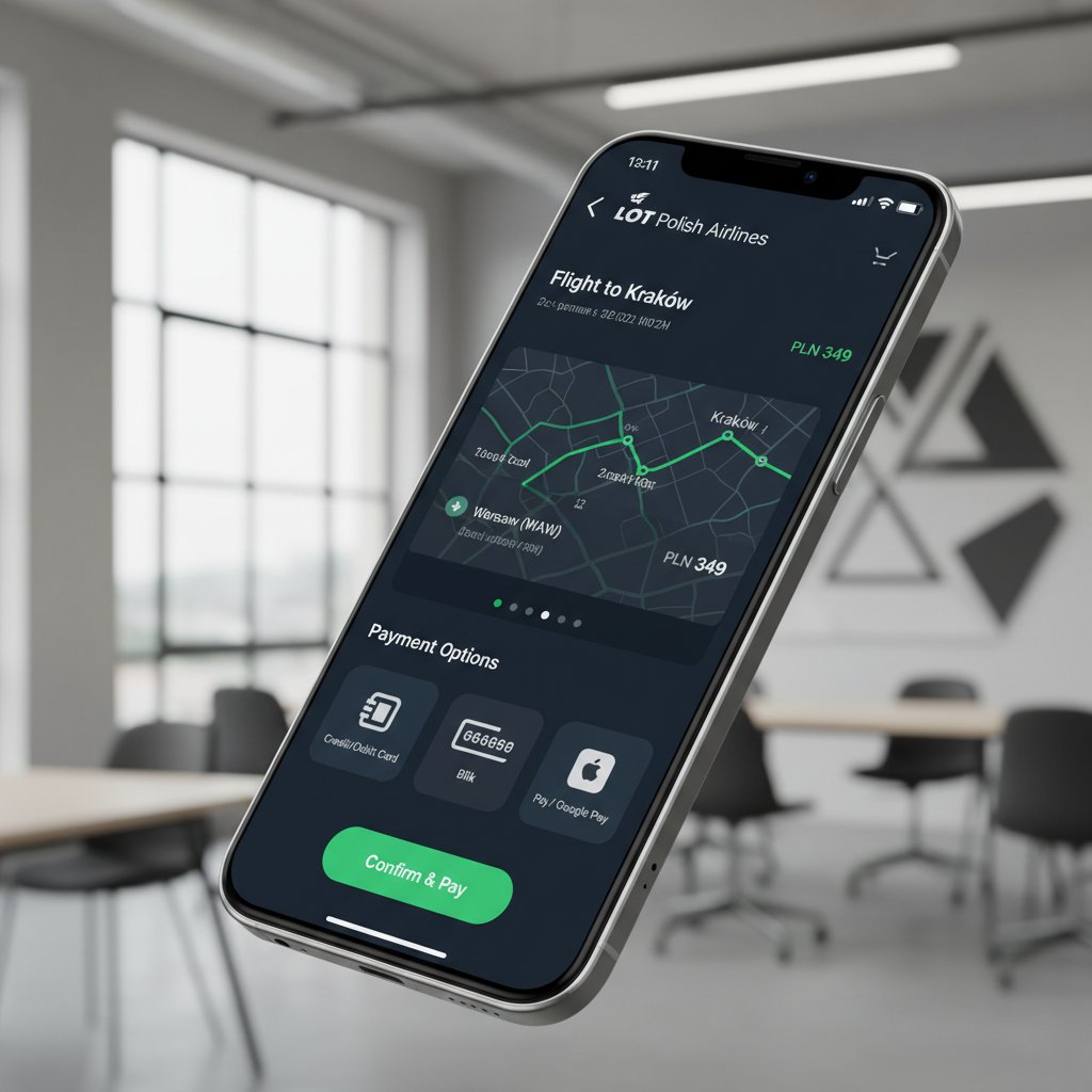 Rezerwacja lotu niskokosztowego przez polską aplikację mobilną, widoczne opcje płatności i ceny