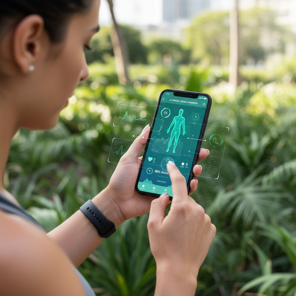 Nowoczesna aplikacja fitness AI na smartfonie, kobieta analizująca postępy, zielona roślinność w tle