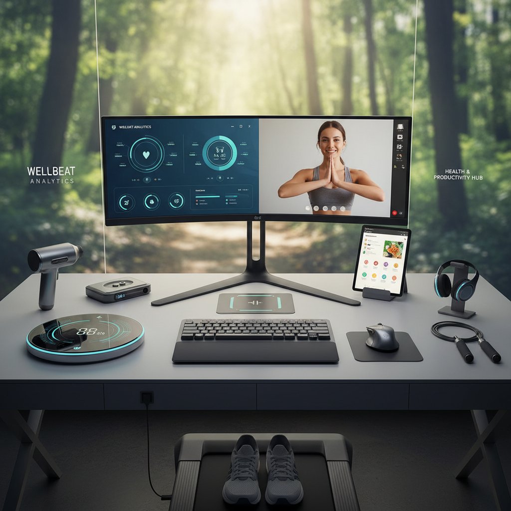 Nowoczesne urządzenia fitness i aplikacje na biurku, symboliczne połączenie technologii i zdrowia