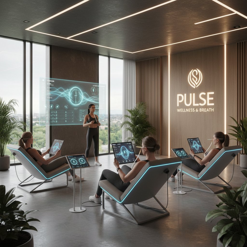 Nowoczesne studio fitness z urządzeniami biofeedback i smartfonami, osoby ćwiczące oddech