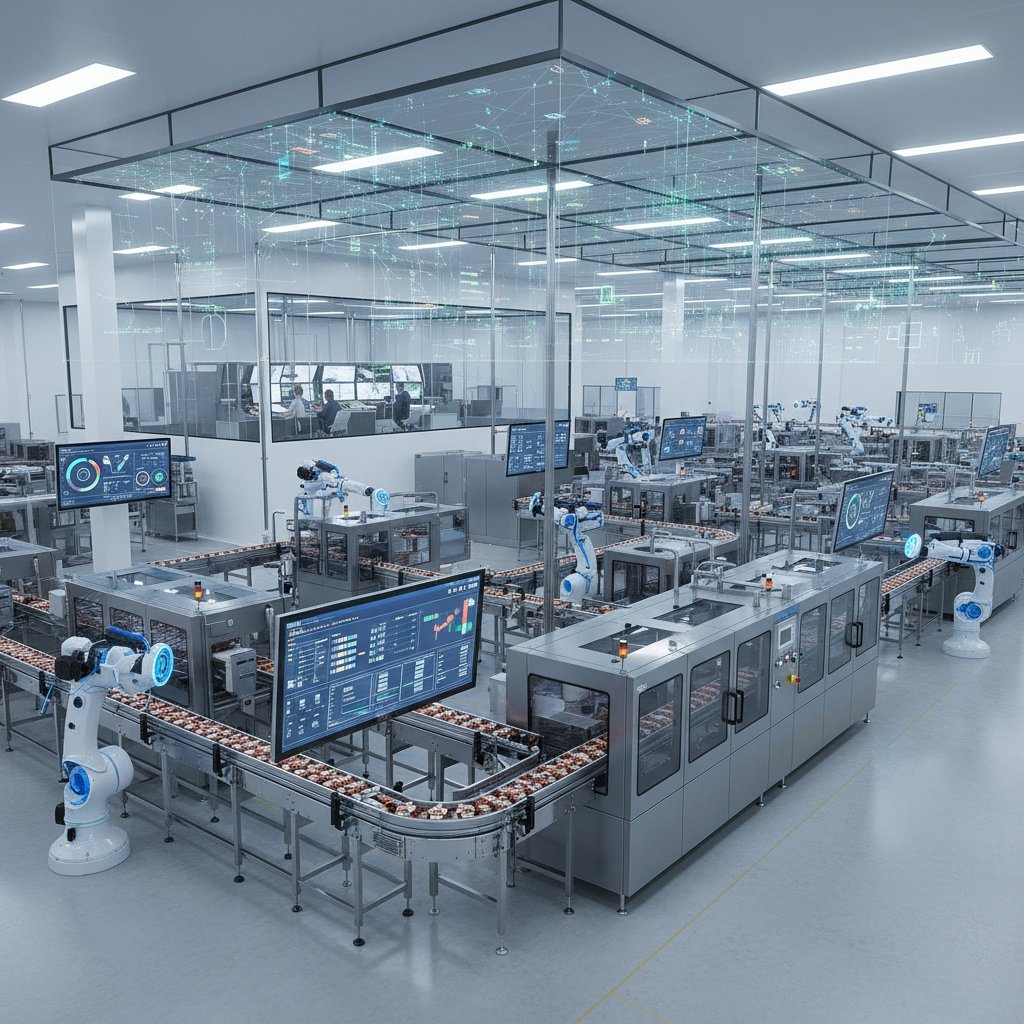 Nowoczesna linia produkcyjna w fabryce spożywczej, automatyzacja i analiza danych