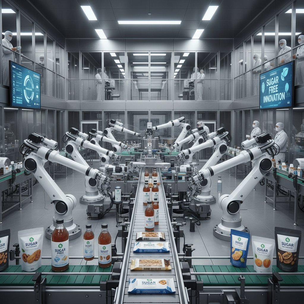 Nowoczesny zakład produkcyjny żywności bez cukru, roboty przy taśmie produkcyjnej