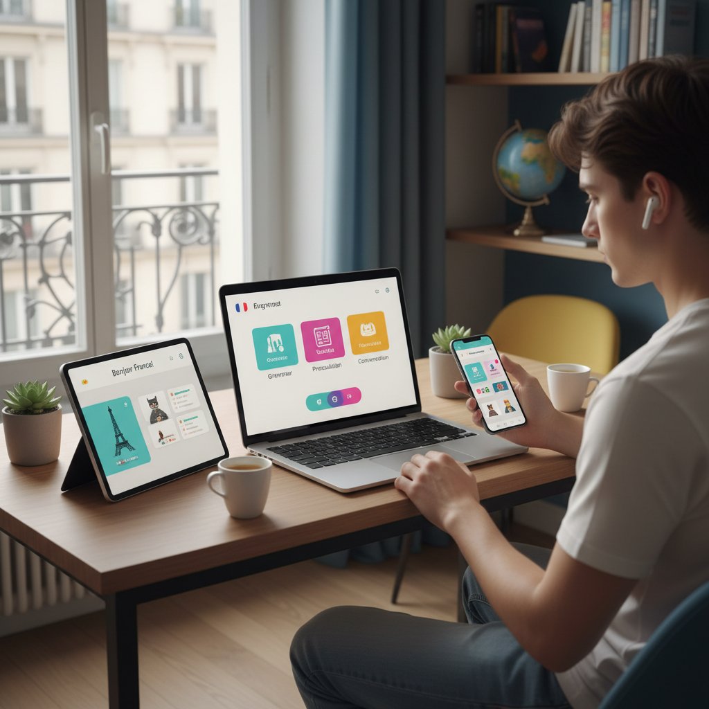 Nowoczesna nauka francuskiego online – laptop, smartfon, aplikacje edukacyjne, młoda osoba