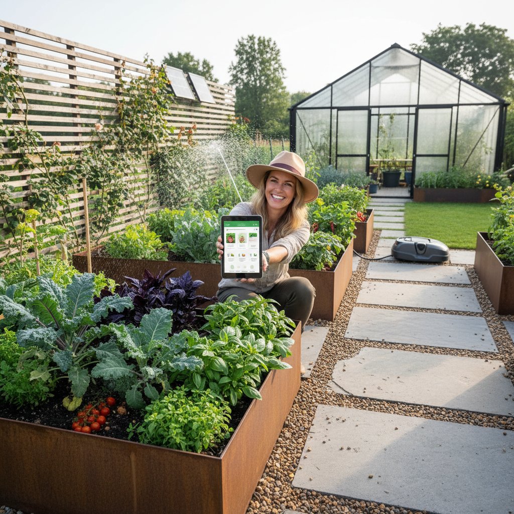 Nowoczesny ogród pełen zdrowych roślin, użytkownik zadowolony korzysta z aplikacji na smartfonie