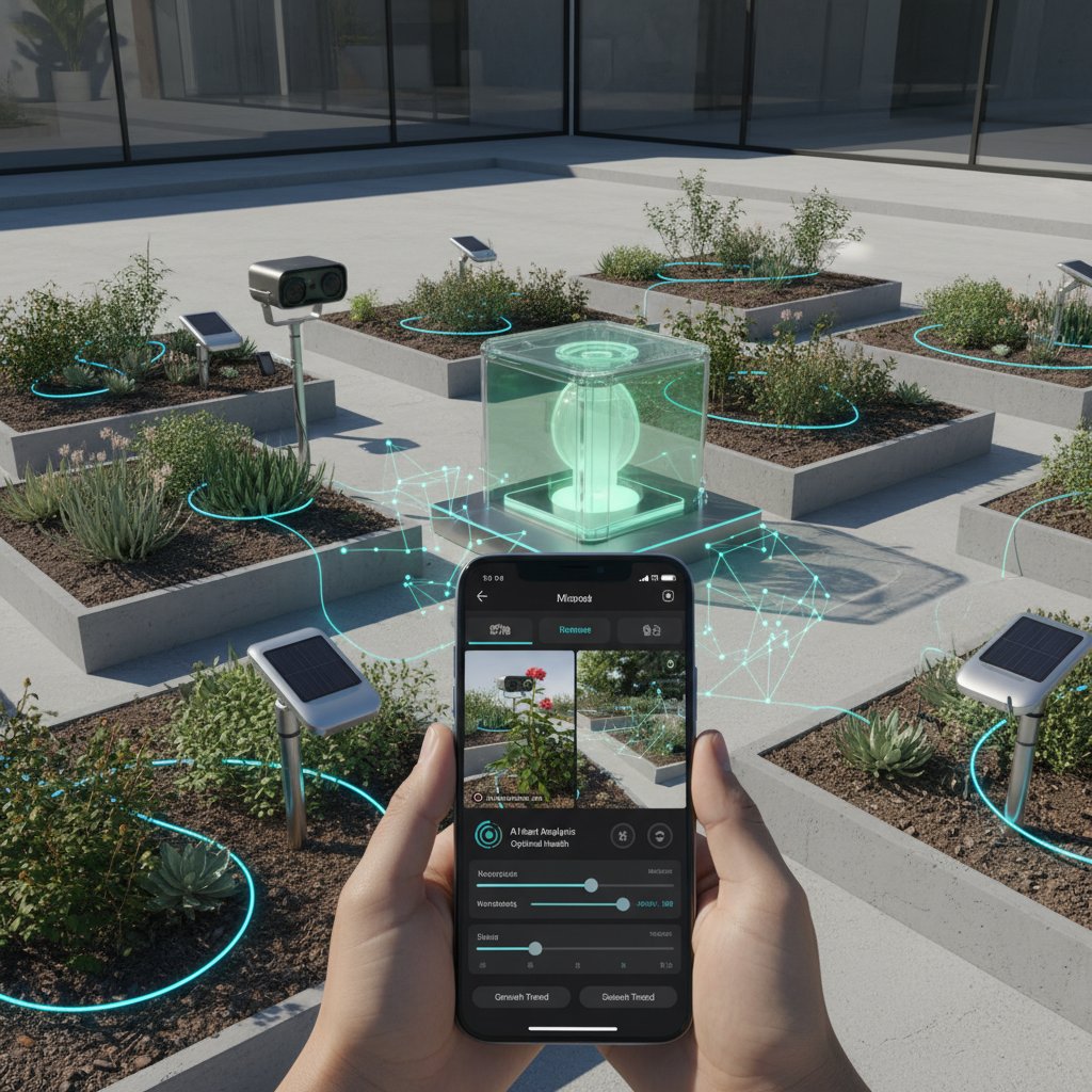 Nowoczesny ogród z systemami IoT, smartfonem oraz AI analizującą rośliny