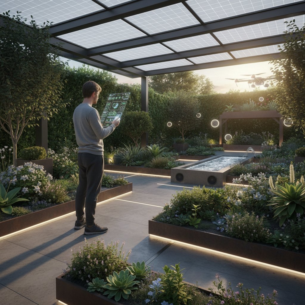 Ogród, w którym nowoczesne technologie współistnieją z naturą, osoba korzysta z aplikacji mobilnej