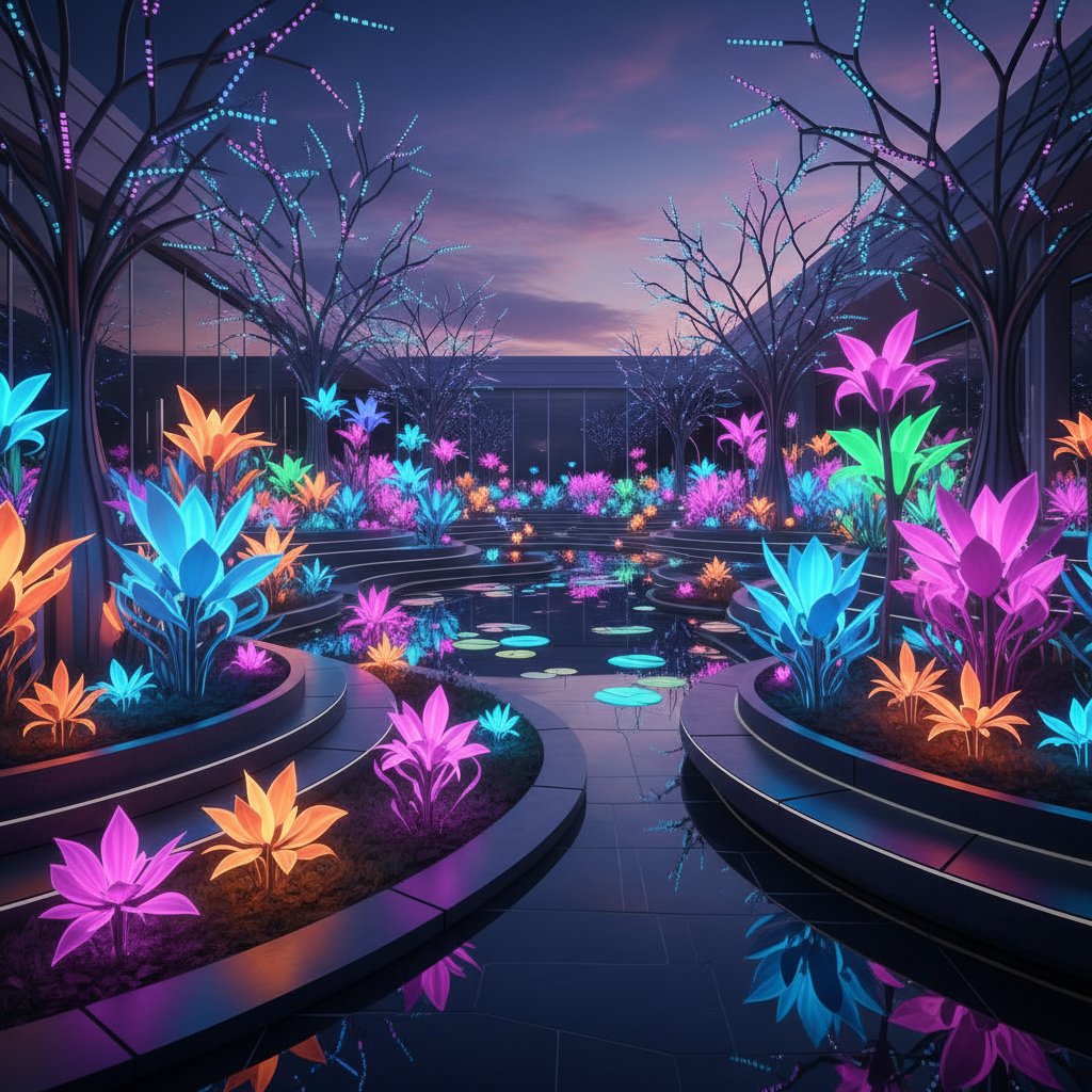 Nowoczesny ogród z kwiatami w neonowych kolorach