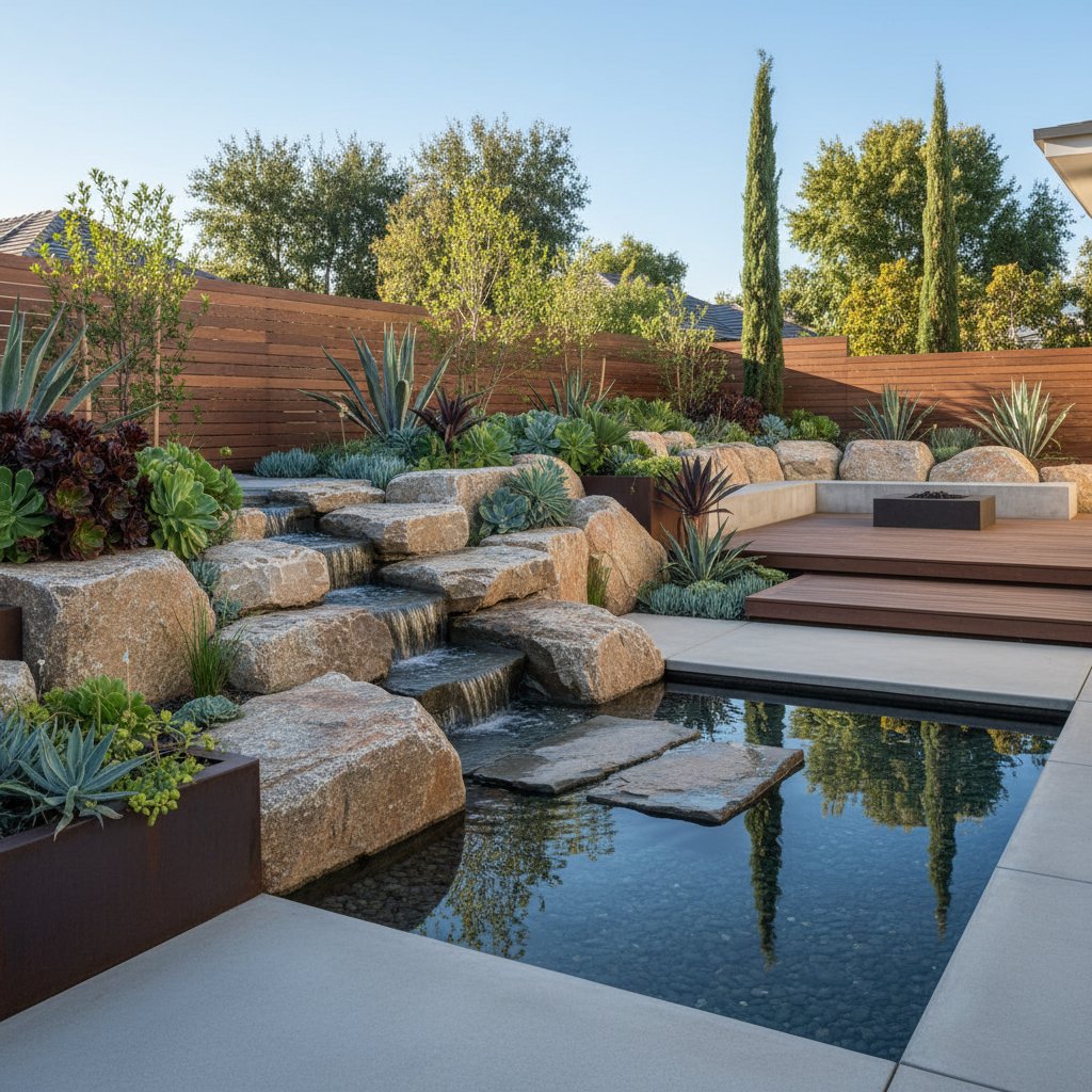 Nowoczesny ogród ze skalniakiem płynnie połączonym z innymi strefami