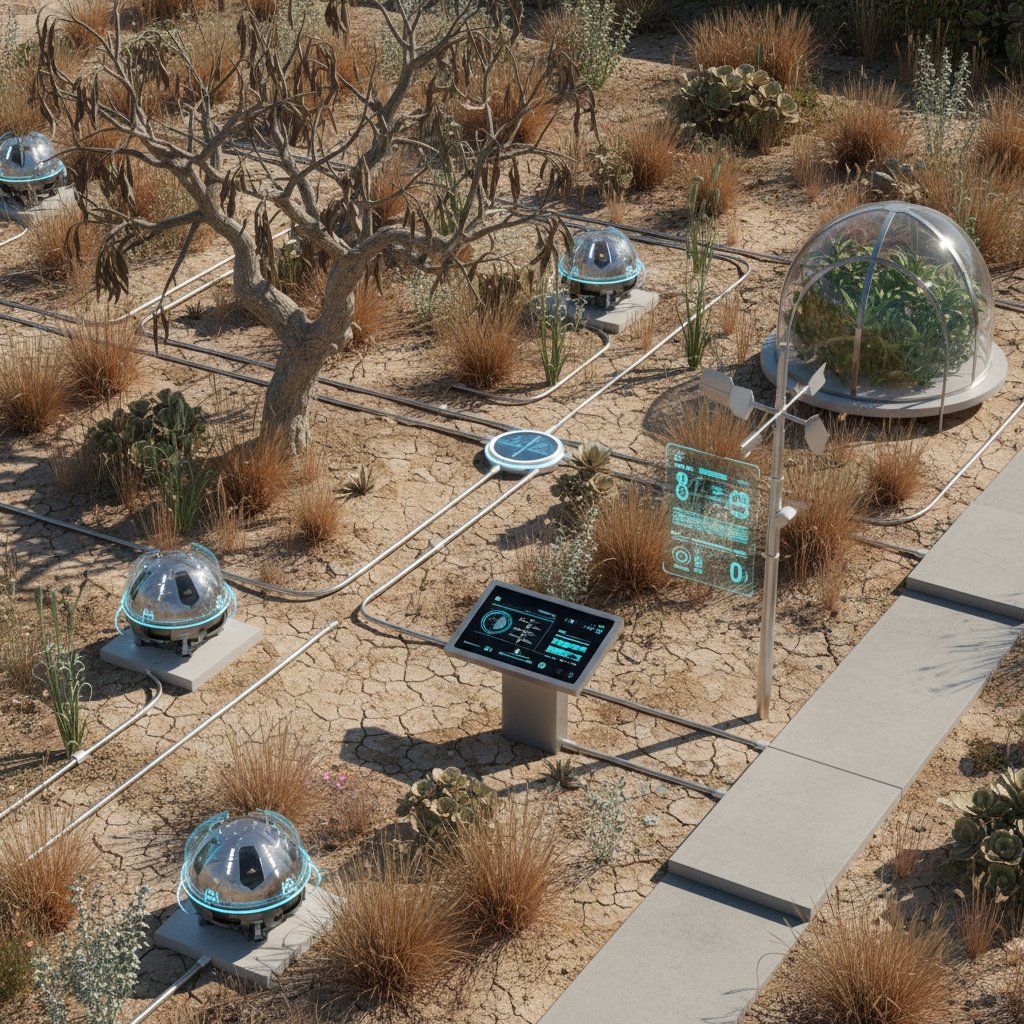 Nowoczesny ogród w Polsce, z widocznymi śladami suszy i technologią smart