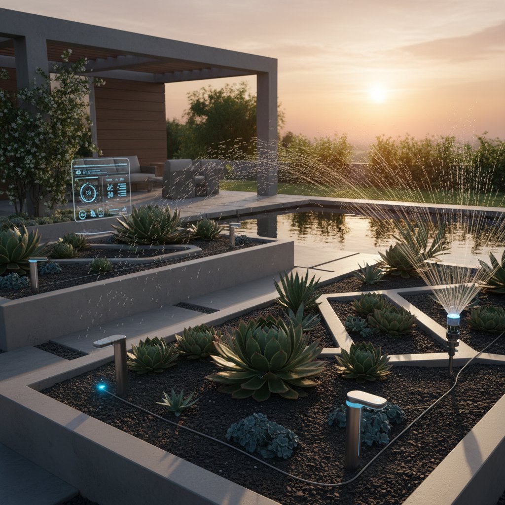 Nowoczesny ogród z widocznymi czujnikami nawadniania i automatycznymi zraszaczami w porannym świetle