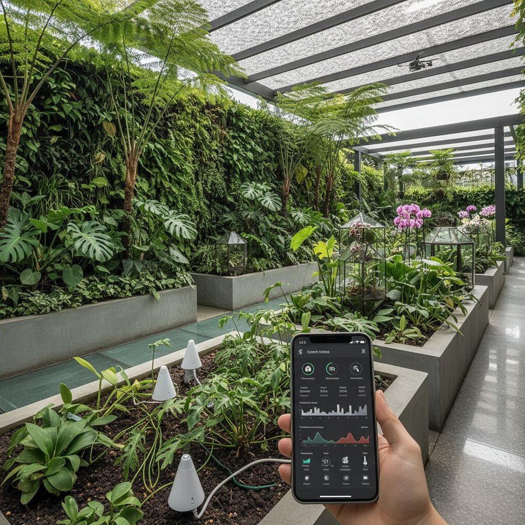 Nowoczesny ogród, smartfon w dłoni, ekran aplikacji do monitoringu, czujniki, zieleń