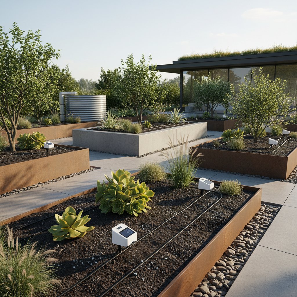 Nowoczesny ogród z czujnikami wilgotności gleby, systemem kropelkowym i żwirową rabatą pod słońcem