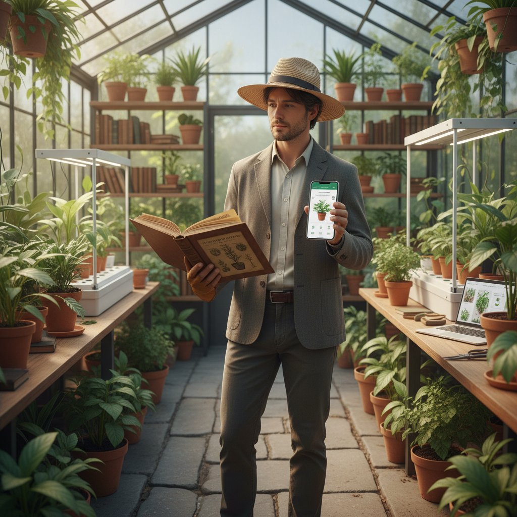Nowoczesny ogrodnik korzystający ze smartfona w otoczeniu starych książek ogrodniczych