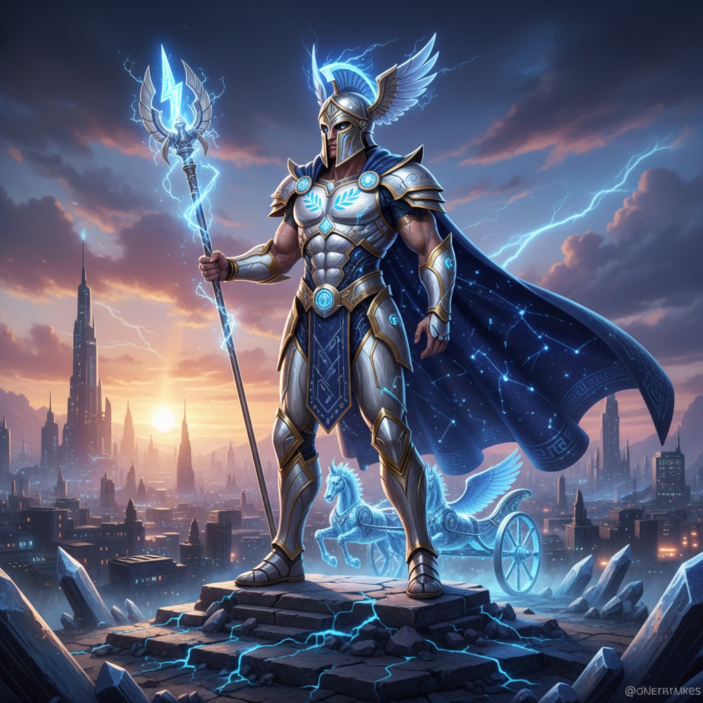 High-contrast photo of an actor as a Greek god in futuristic armor, blending ancient and modern styles