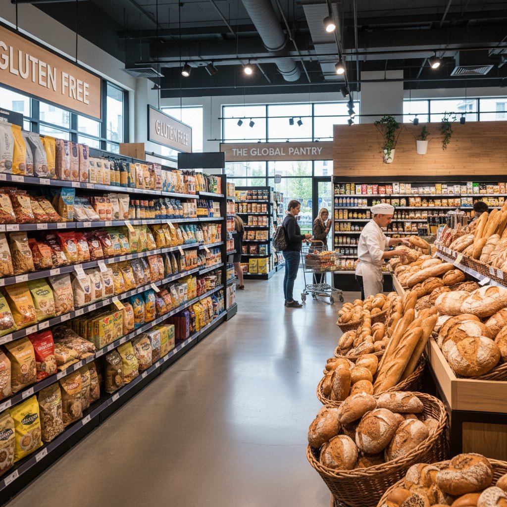 Nowoczesny sklep z półkami produktów gluten-free i tradycyjnymi