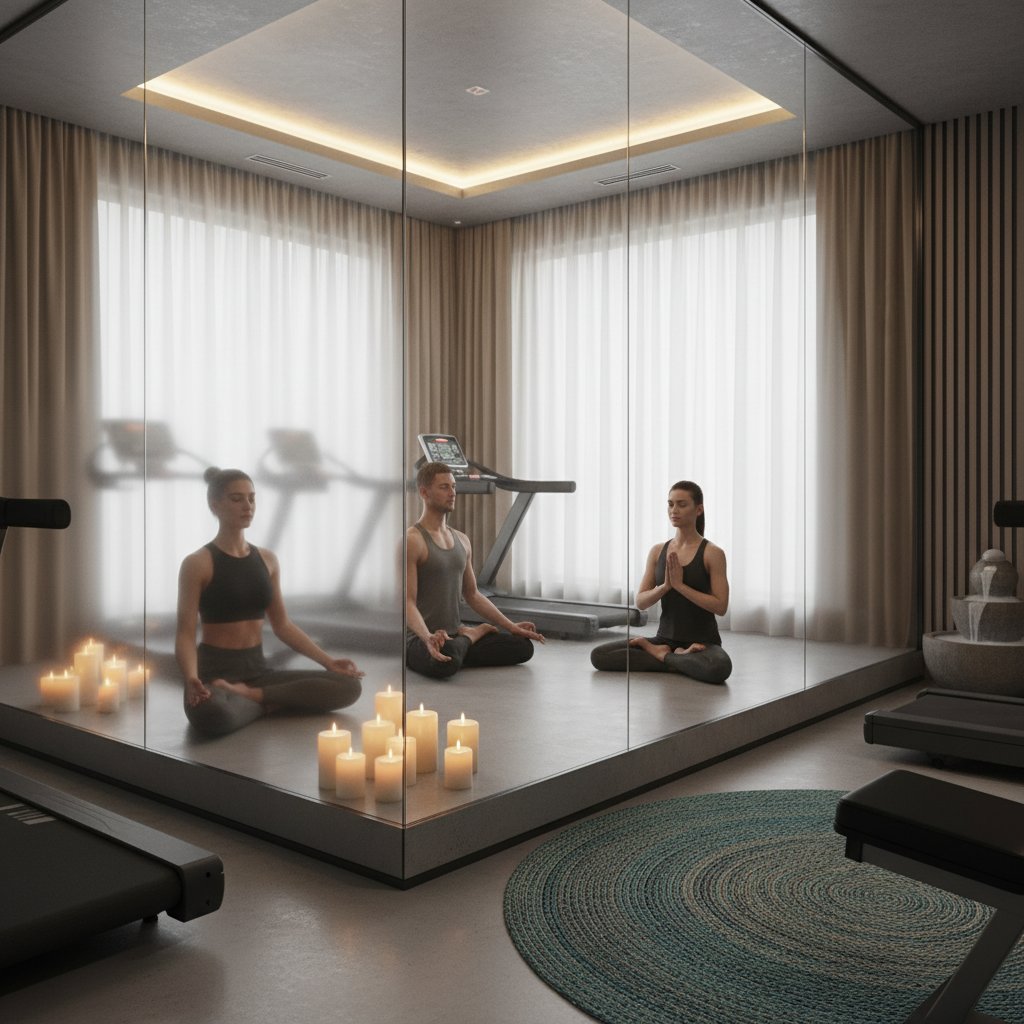 Nowoczesna siłownia z kącikiem medytacyjnym, sportowcy w pozie uważności.
