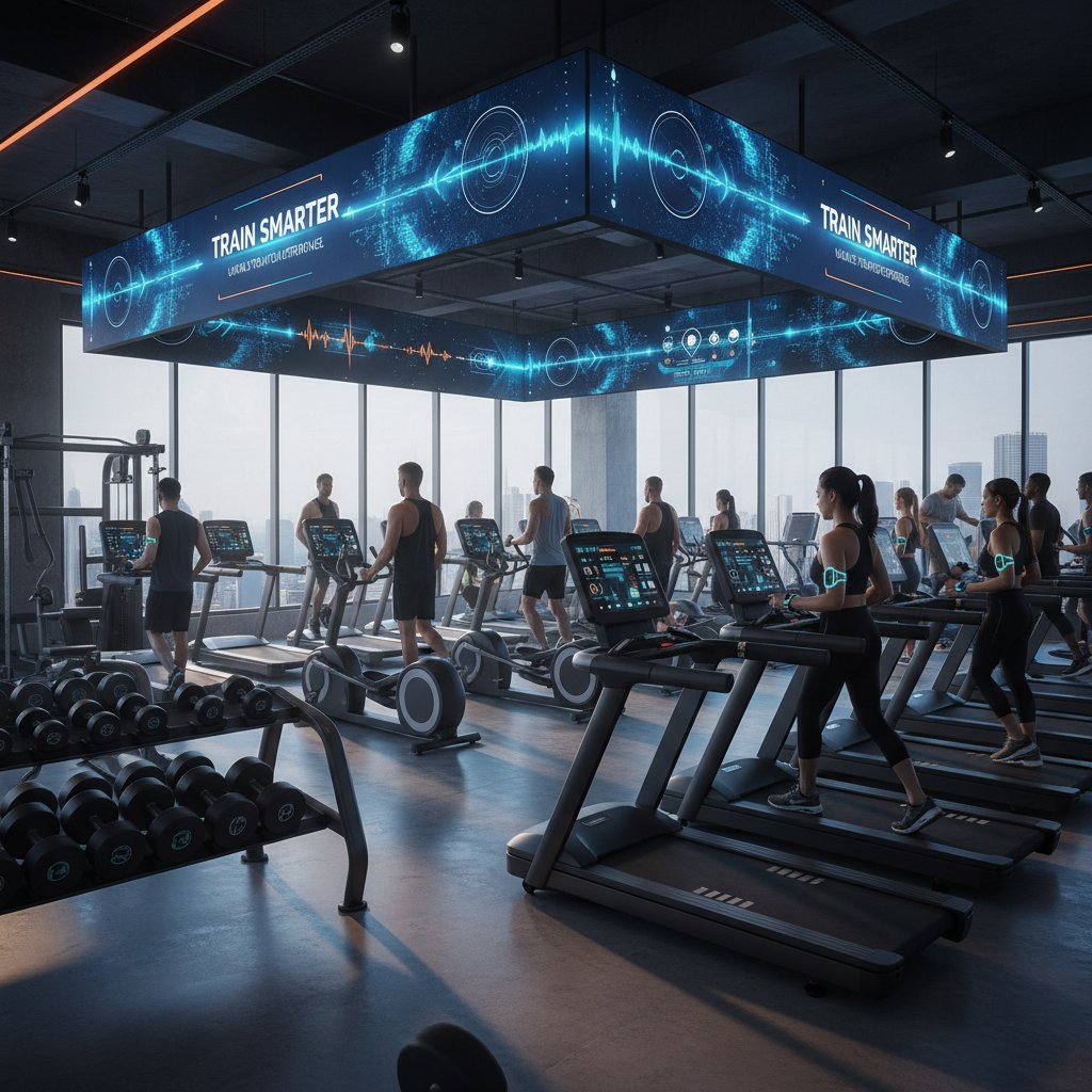 Nowoczesna siłownia ze smart sprzętem, ludzie korzystają z urządzeń wearables, cyfrowe wyświetlacze, energetyczna atmosfera
