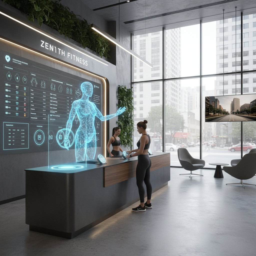 Recepcja nowoczesnej siłowni obsługiwana przez wirtualnego pracownika AI