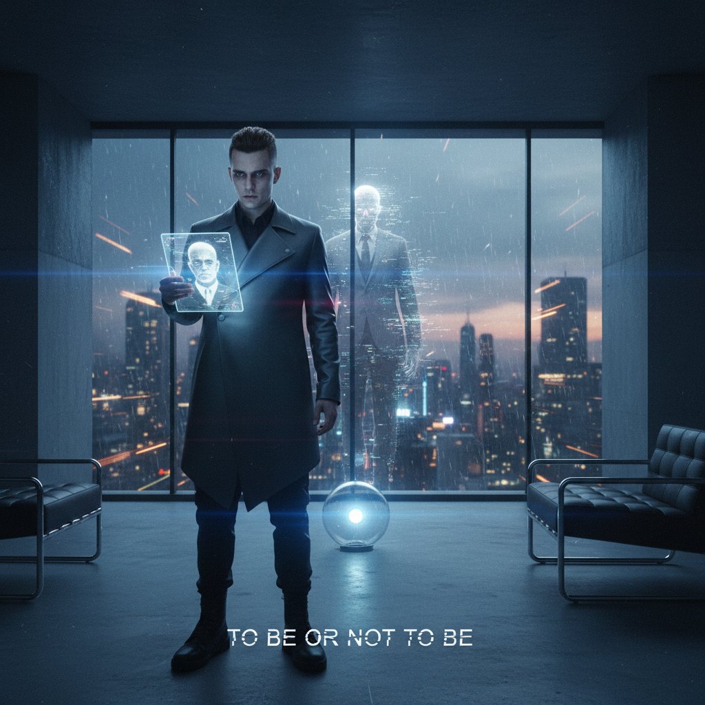 Scene from a modern Hamlet adaptation with digital aesthetic