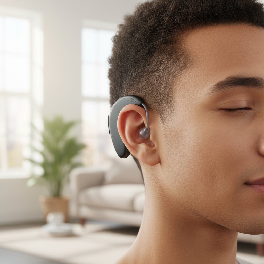 Zbliżenie na nowoczesny aparat słuchowy na uchu młodej osoby