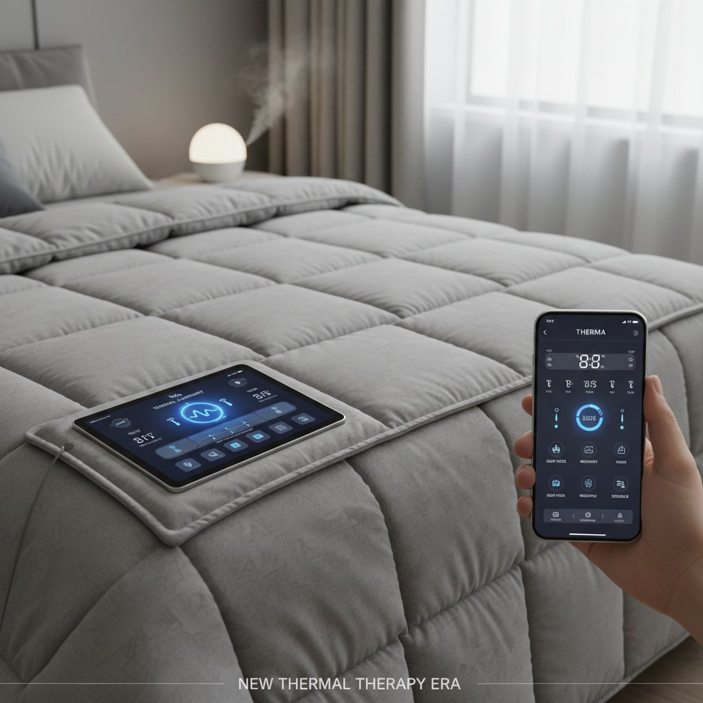 Nowoczesny koc grzejący z panelem cyfrowym, użytkownik monitoruje temperaturę przez aplikację mobilną, nowa era termoterapii