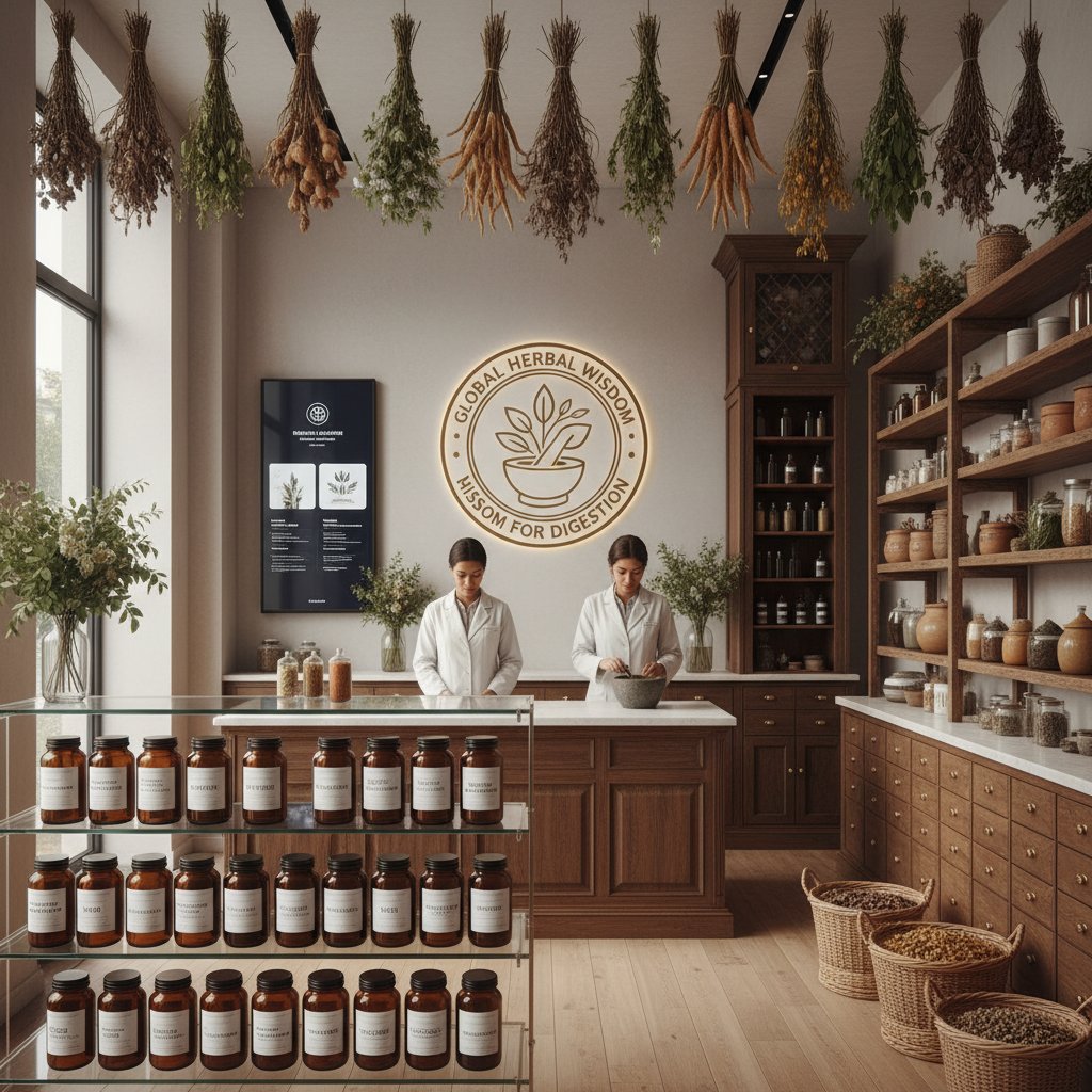 Nowoczesna apteka ziołowa z tradycyjnymi i globalnymi roślinami stosowanymi na trawienie
