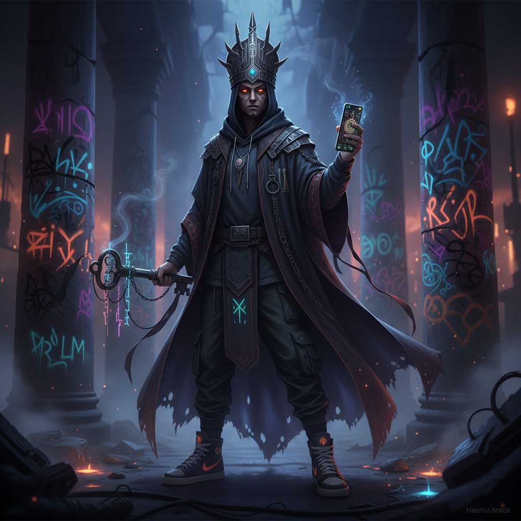 Ilustracja współczesnego Hierofanta łączącego tradycję z nowoczesnością, postać w szatach i z telefonem, w kontrastowym świetle