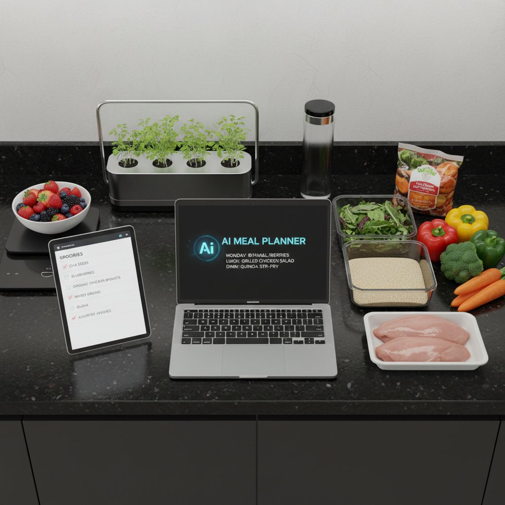 Nowoczesna kuchnia w stylu high-tech, widok z lotu ptaka, laptop z planem AI, produkty spożywcze na blacie