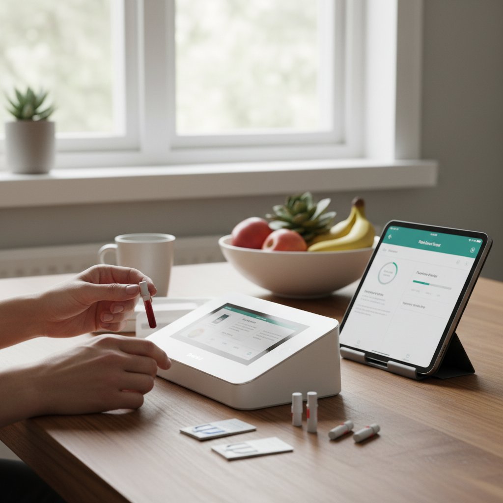 Nowoczesny domowy zestaw do pobierania krwi na stole w kuchni, jasne światło dzienne