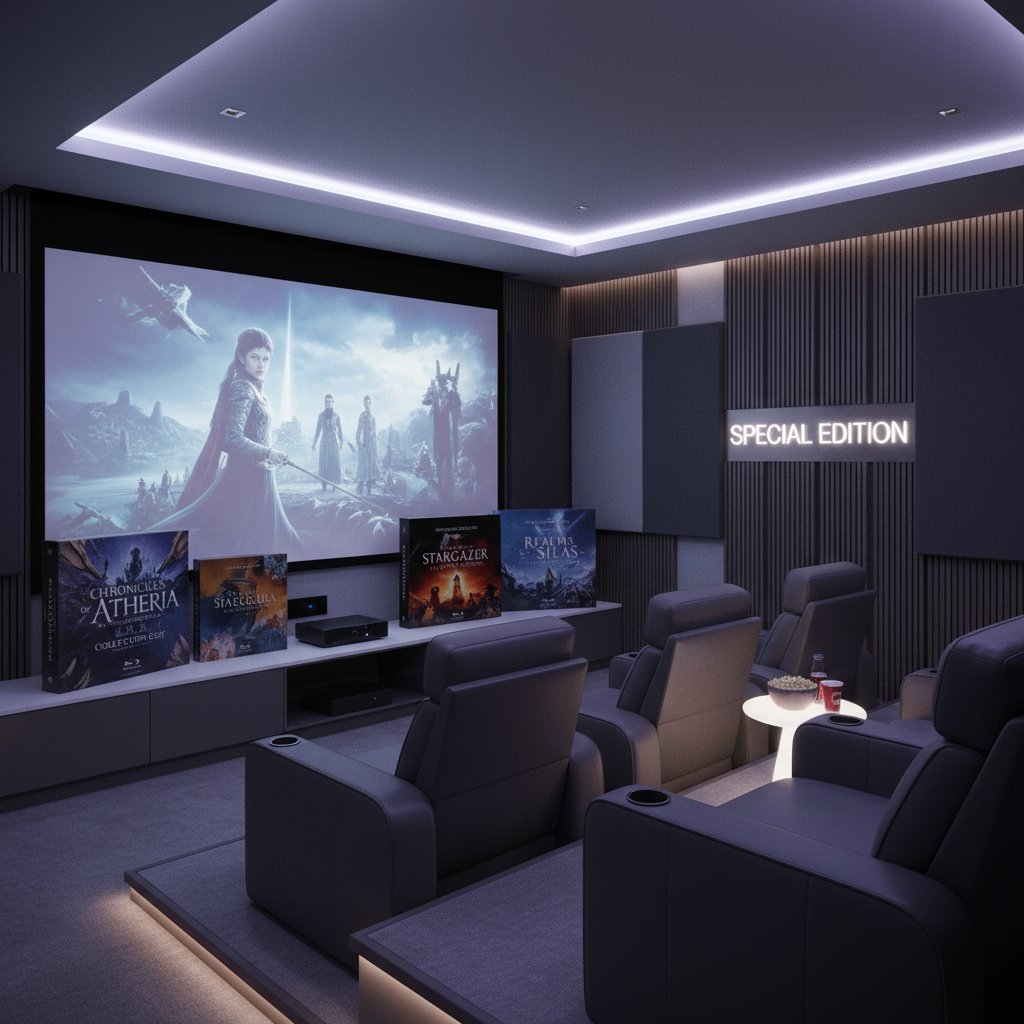 Modern home cinema displaying special edition movies