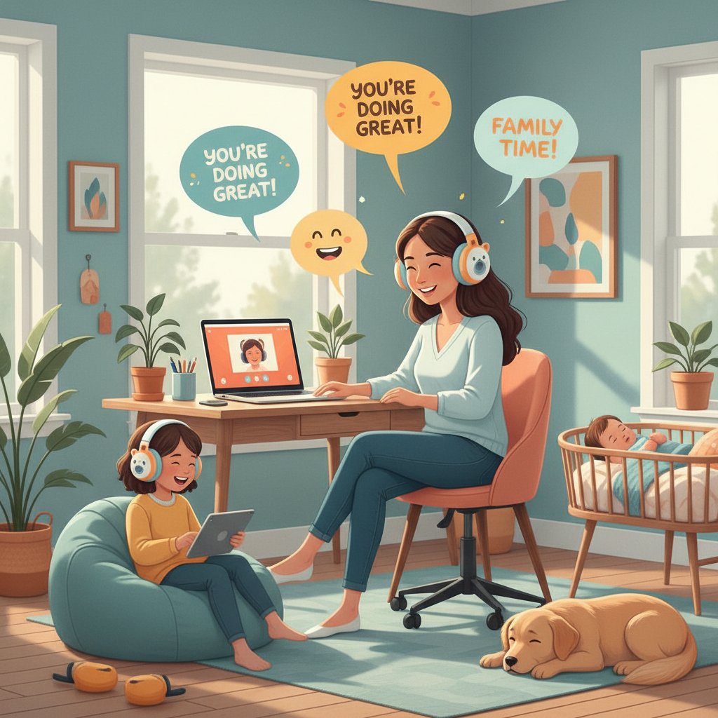 Dziecko korzystające z wirtualnego logopedy w domu, domowa atmosfera, słuchawki i komputer – terapia mowy online