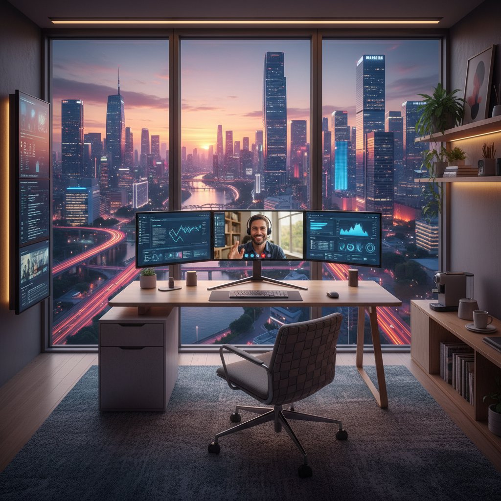 Nowoczesne biuro domowe z wieloma ekranami i osobą na wideorozmowie
