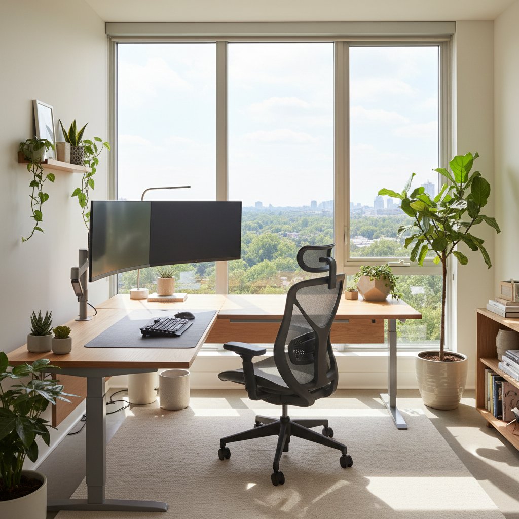 Nowoczesne, jasne domowe biuro z roślinami, dużym oknem i ergonomicznym stanowiskiem pracy