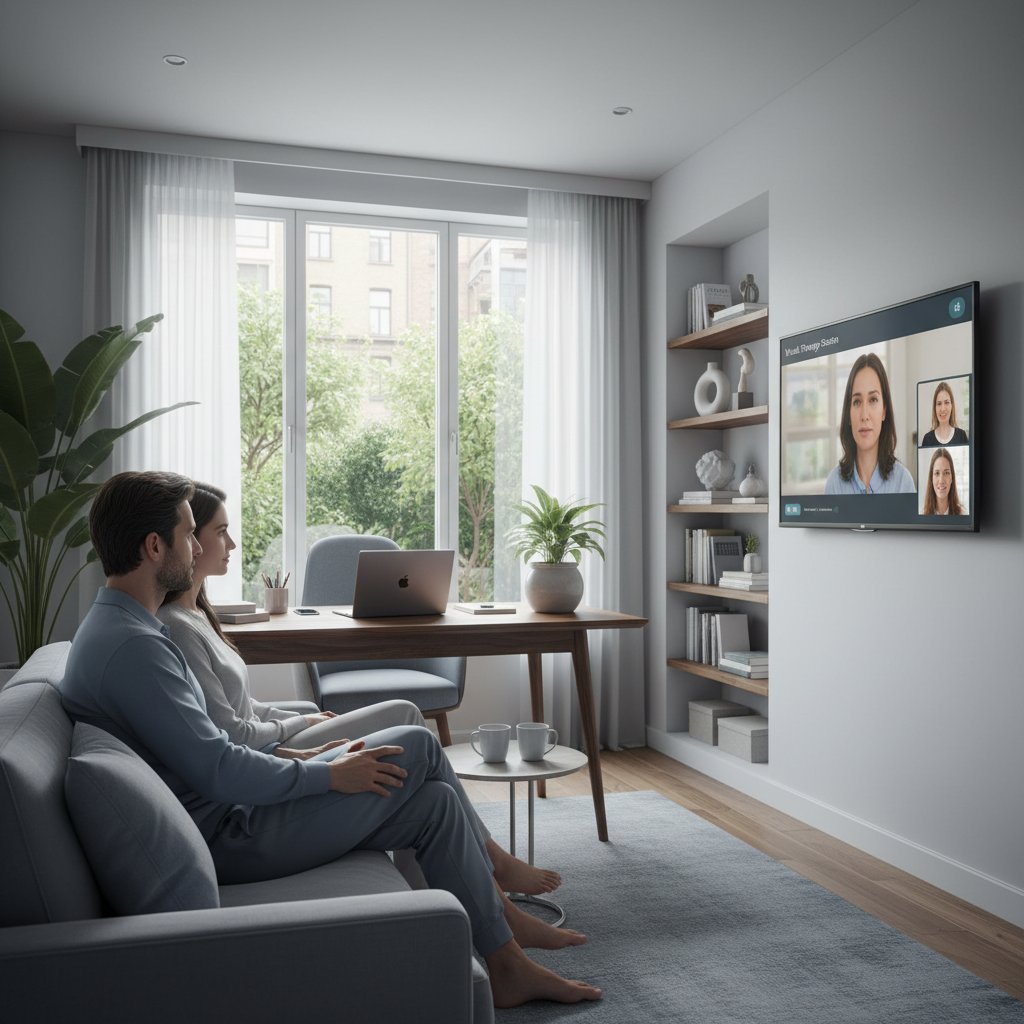 Modern home office setup with two partners on video call, displaying tension and connection in virtual therapy