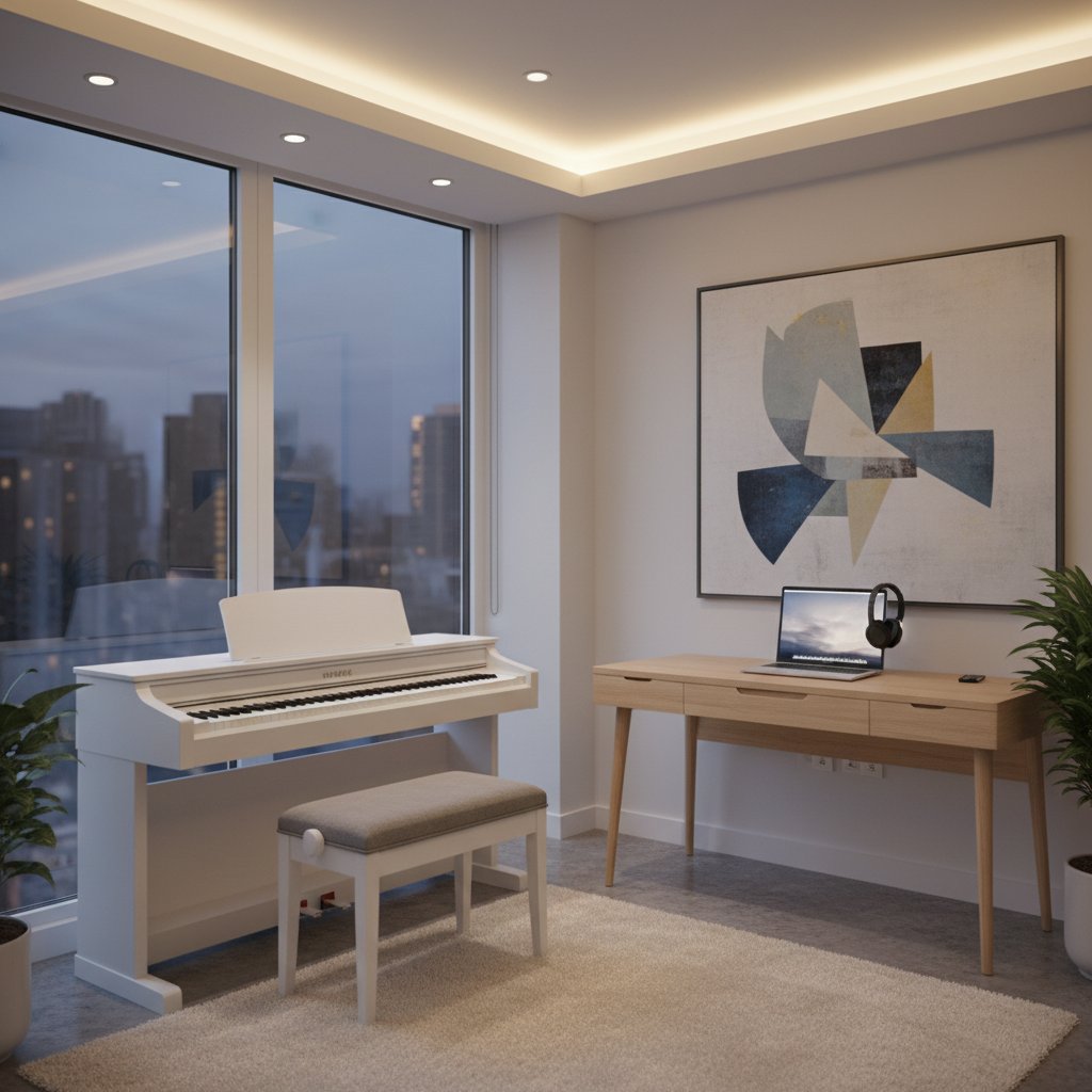 Nowoczesne minimalistyczne domowe studio: laptop, słuchawki i cyfrowe pianino – praktyczny setup do nauki online